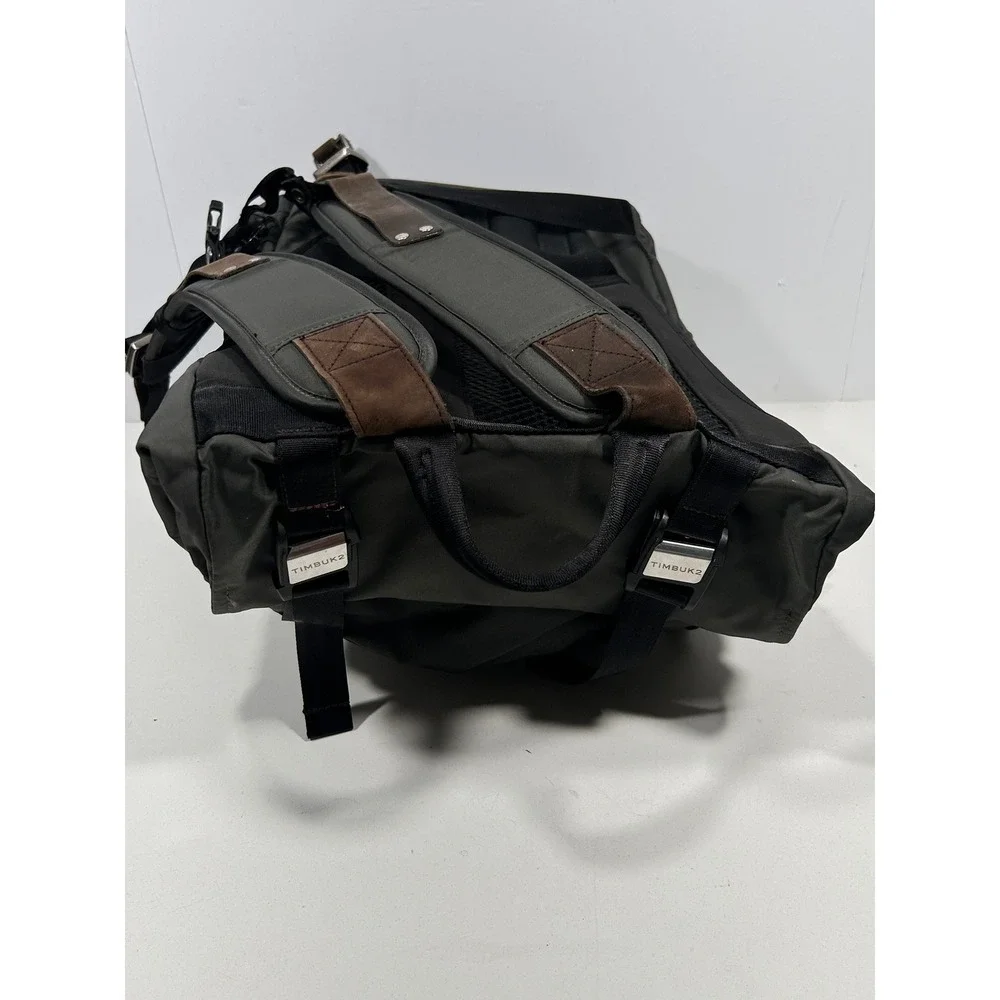 Timbuk2 Roll Top Backpack Olive Green Nylon Brown Leather Trim Laptop Sleeve